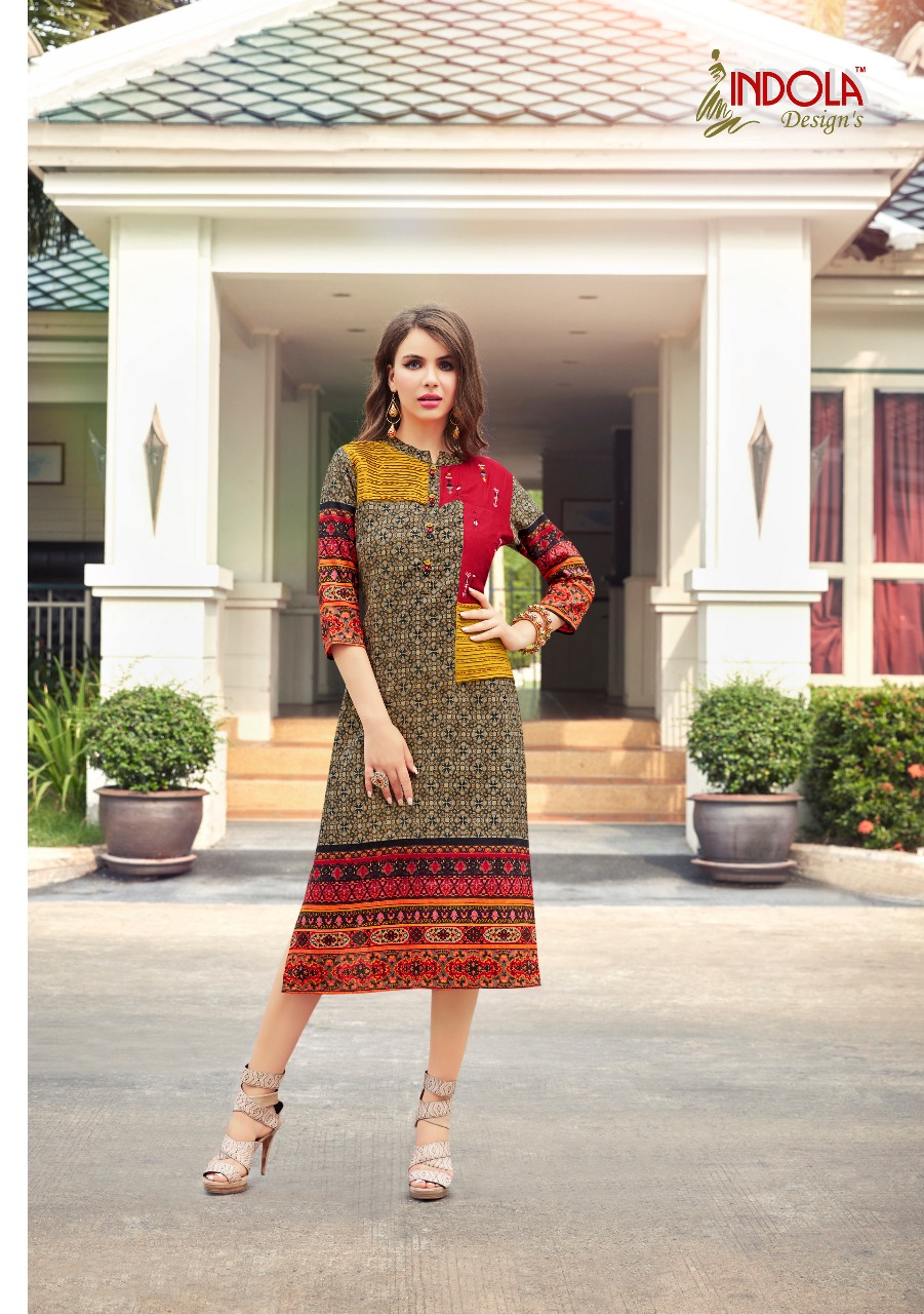 Indola designs Lavina Printed Rayon kurtis with embroidery catalogue buy in wholesale price
