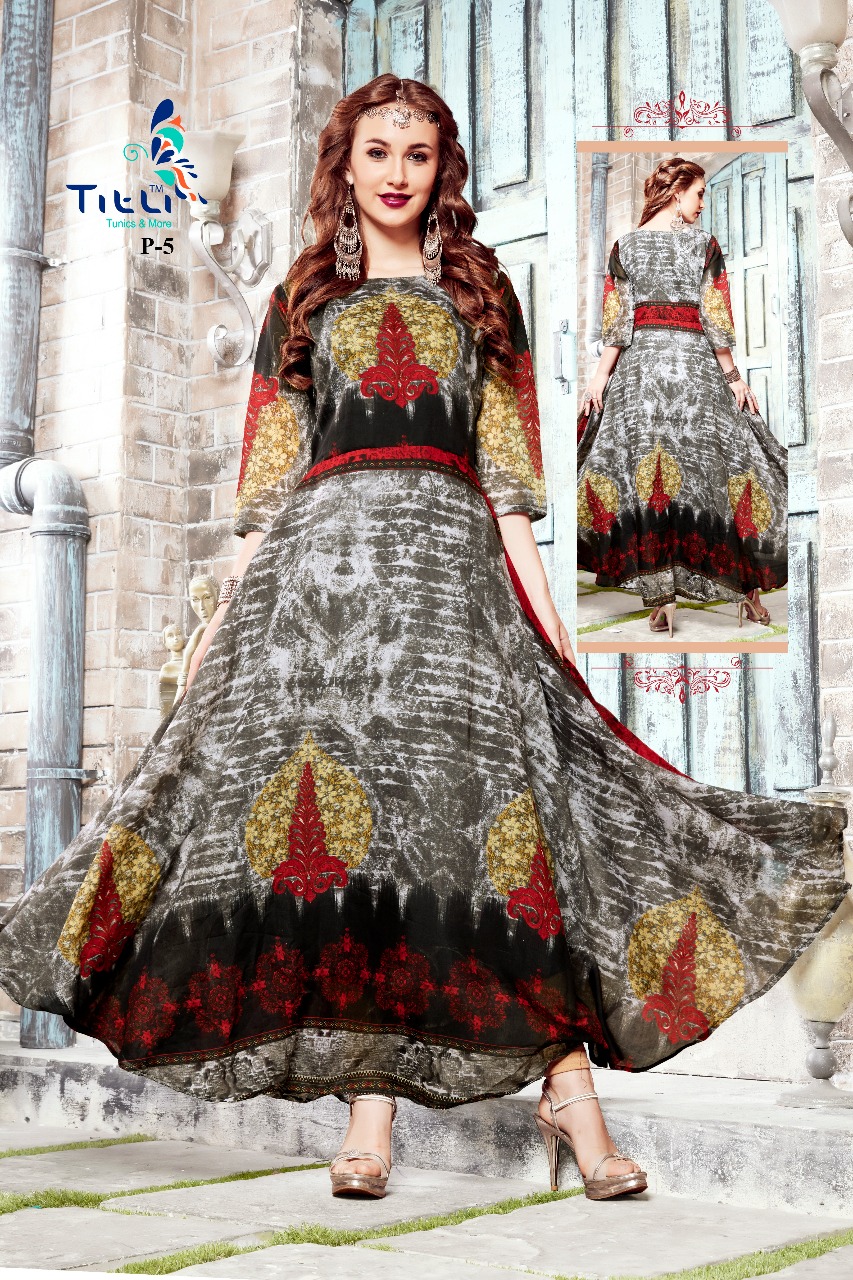 Titli P-01 to P-06 Series Designer gown style full flaired Chanderi print kurtis catalogue wholesaler surat