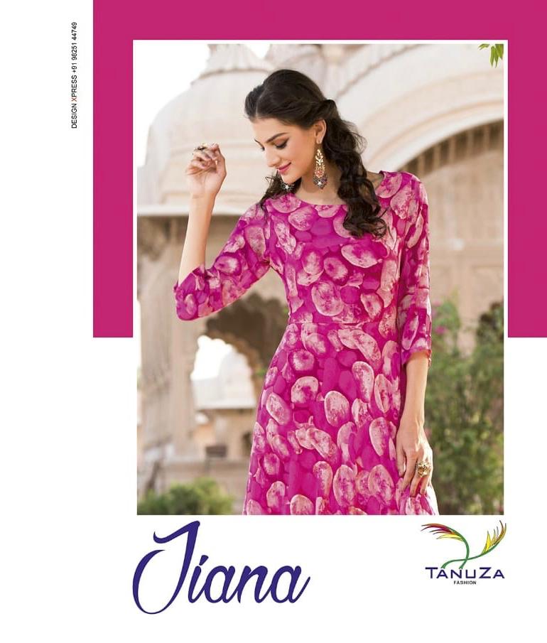 Tanuza fashion jiana long rayon kurti catalogue from surat wholesaler
