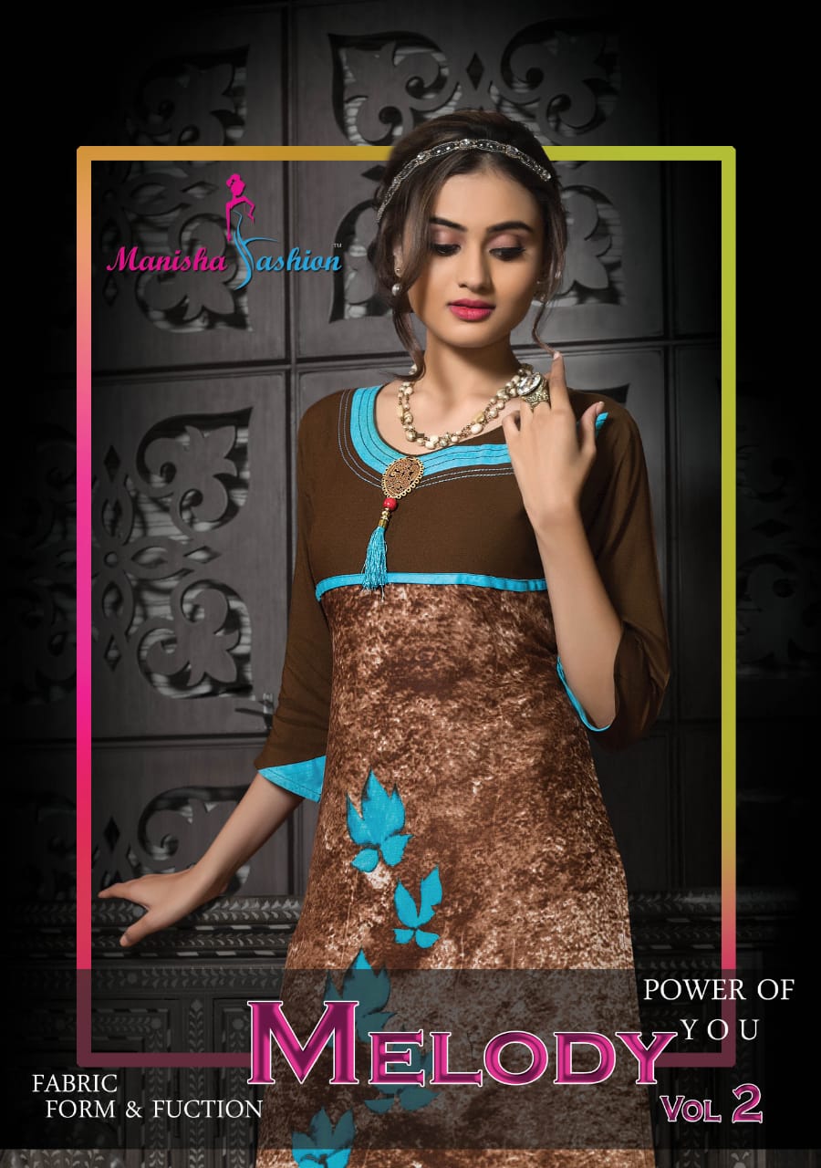 Manisha fashion melody vol 2 fancy rayon kurti catalogue from surat wholesaler