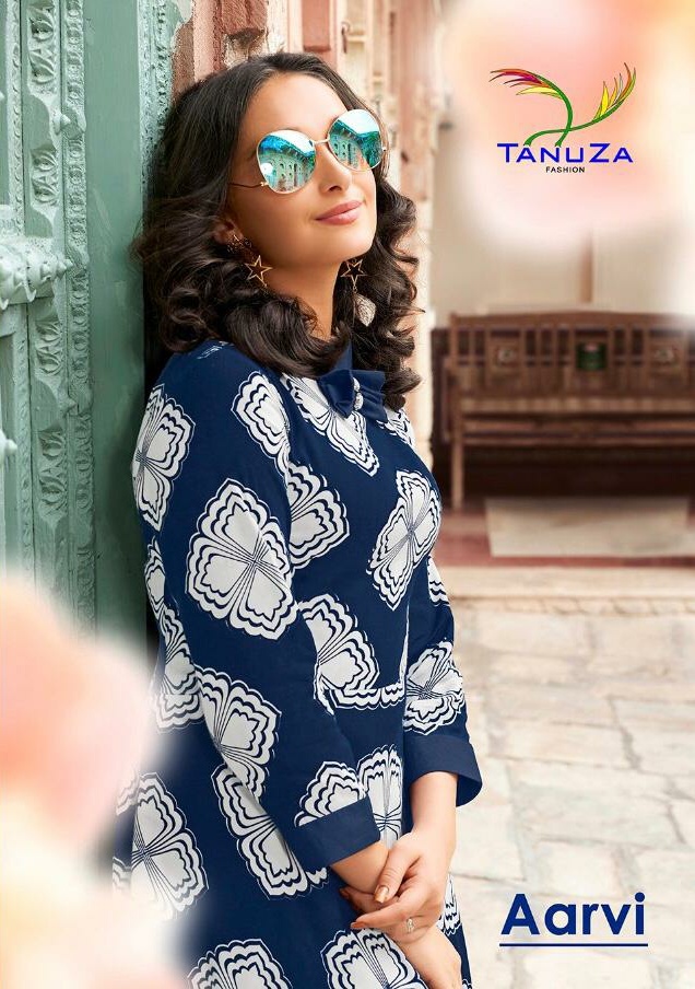 Tanuza Fashion Aarvi Designer printed rayon kurtis supplier Surat best rate