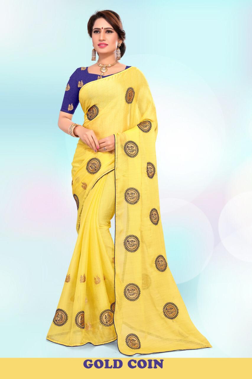 Right one gold coin chiffon printed saree catalogue best price surat