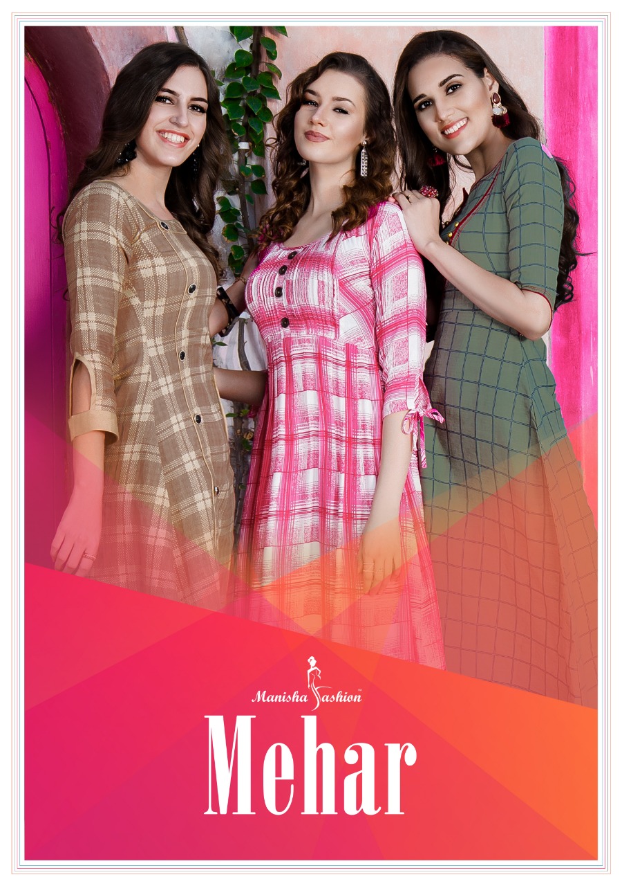 Manisha fashion Mehar exclusive fancy check rayon kurti catalogue from surat wholesale market 2019