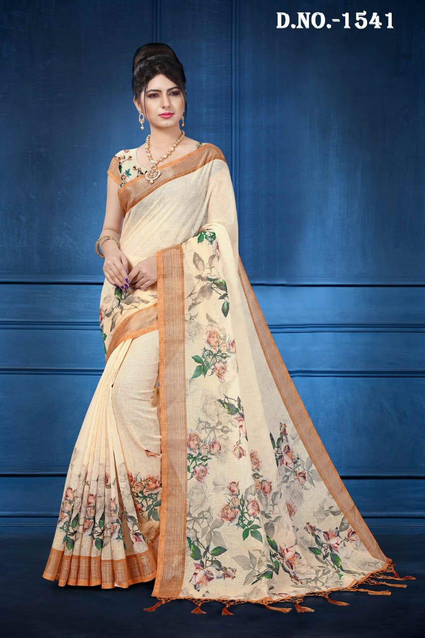 Nari fashion Anarkali designer Flowery Digital printed Linen saree latest catalog at best price