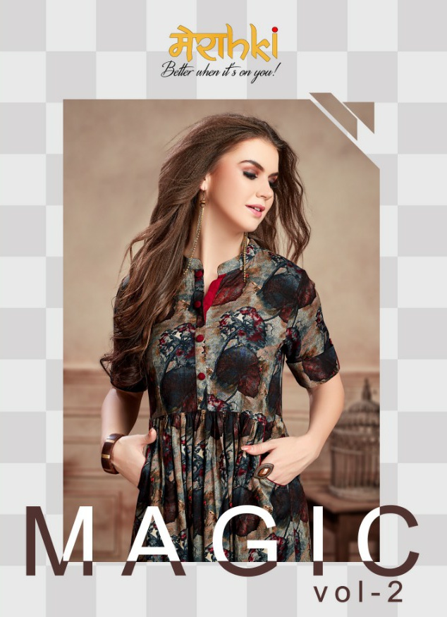 Merakhi magic vol 2 Printed rayon fancy gown catalog wholesale supplier