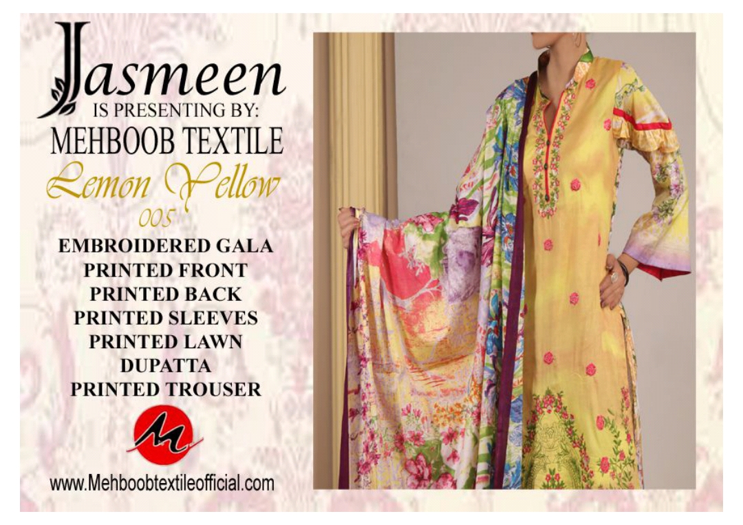 Jasmeen by mehboob textile embroidered lawn 2019 pakistani salwaar suit catalogue from surat wholesaler best price