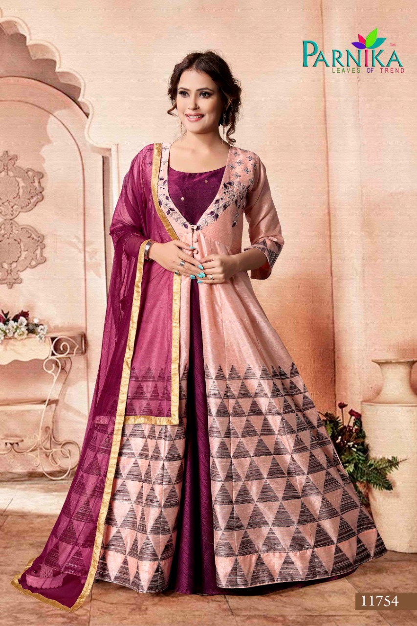 Parvati fabrics 11754 series partywear jacket style gown catalogue sura