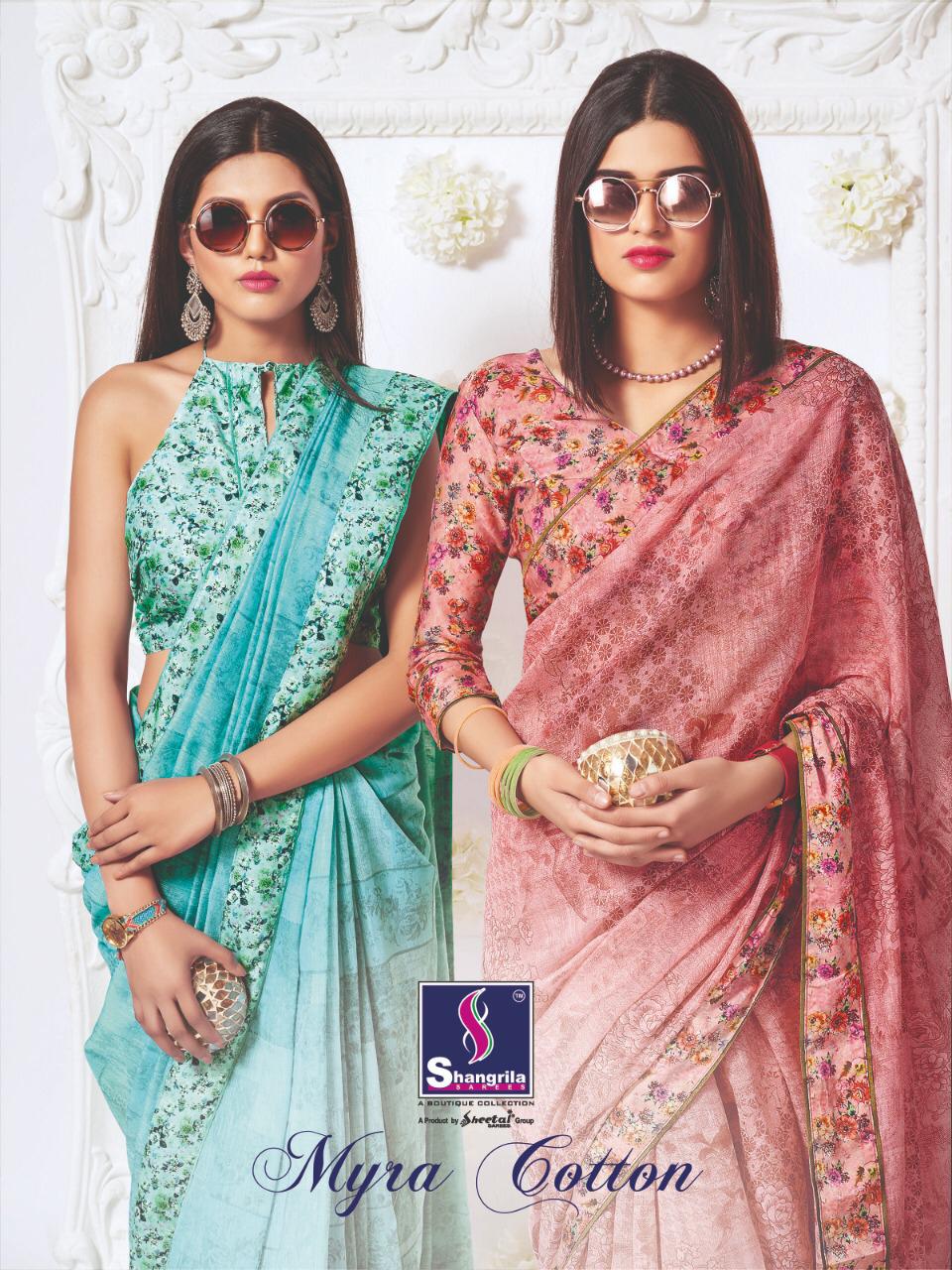 Shangrila designer myra cotton linen fancy print saree catalog buy surat wholesale