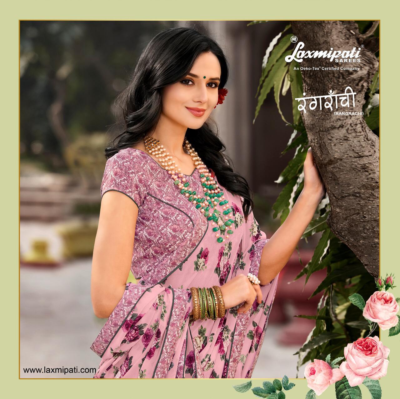 Laxmipati sarees rangrachi 5598-5609 fancy georgette printed saree catalogue from surat dealer best price