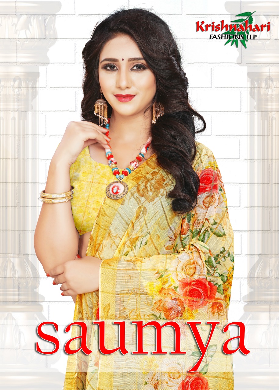 Krishnahari fashion Saumya Fancy Flowery printed saree latest catalog in wholesale price surat