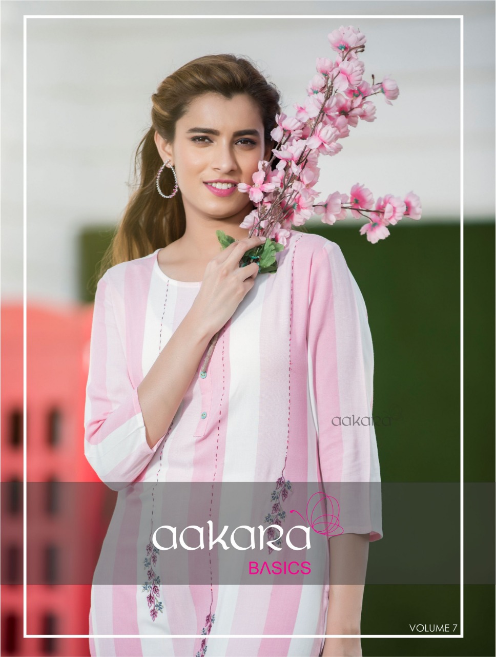 Aakara basics vol 7 fancy printed stylish rayon kurti wholesaler surat