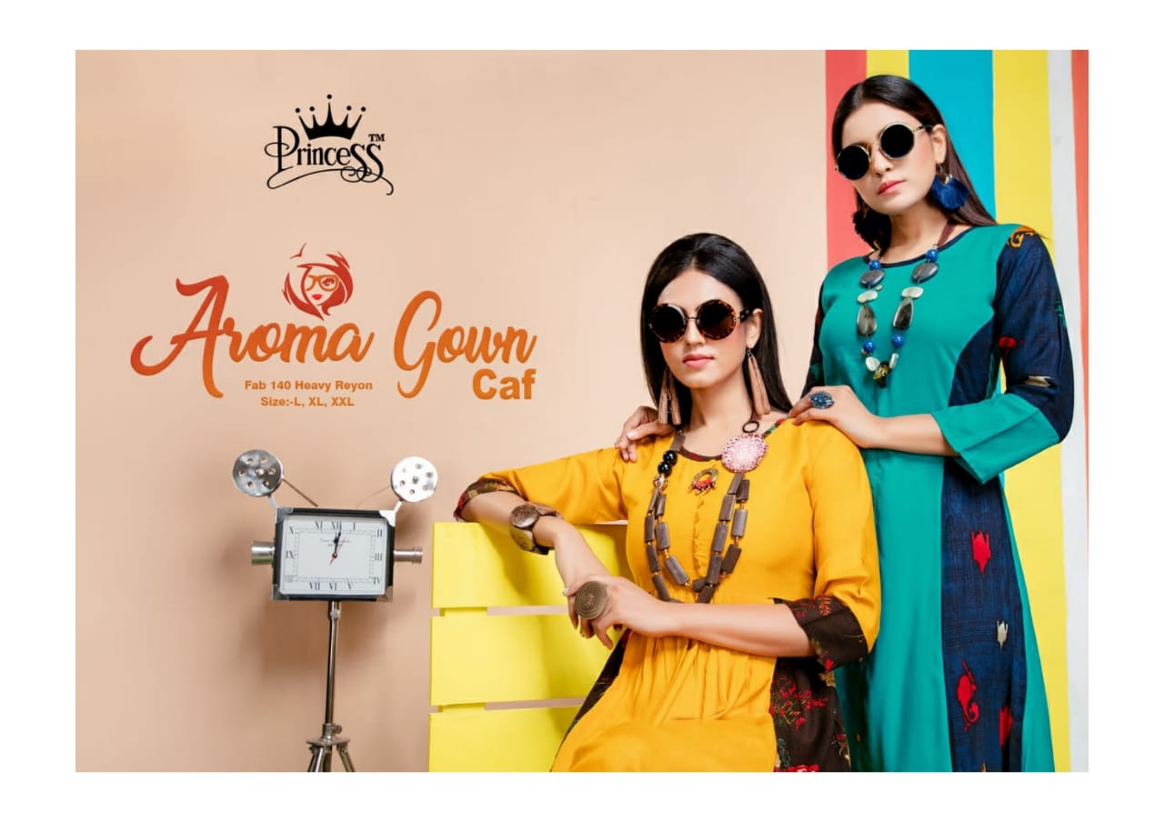 Princess Aroma Gown CAF fancy Stylish rayon Kurti Catalog wholesale price Surat best rate