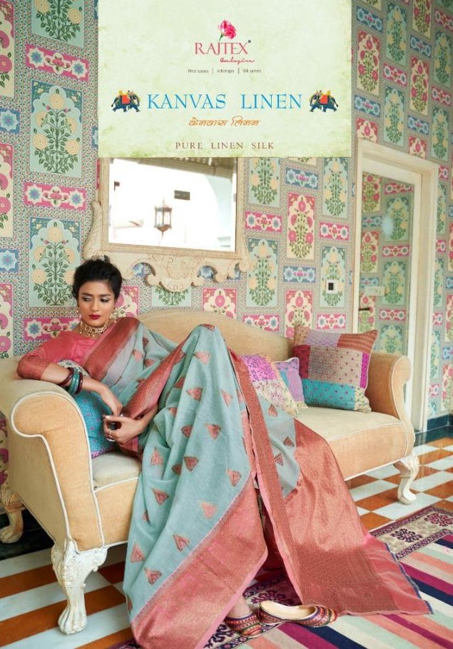 Rajtex Kenvas Silk Boutique Collection Pure Linen Saree Catalog Supplier