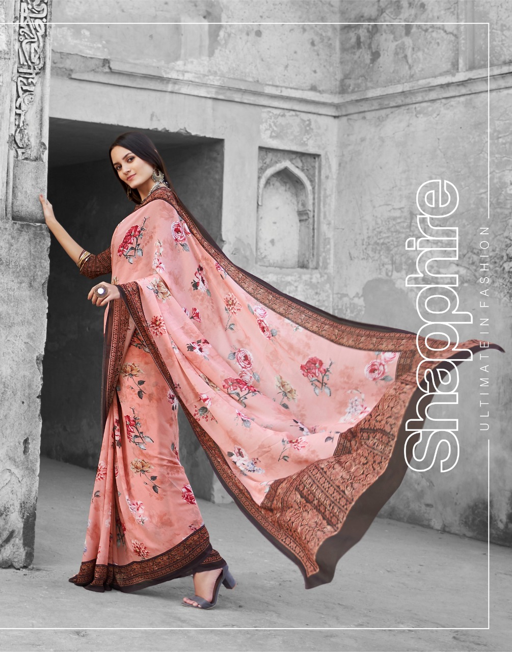 Bela Shapphire crape georgette stylish fancy print saris collection Online