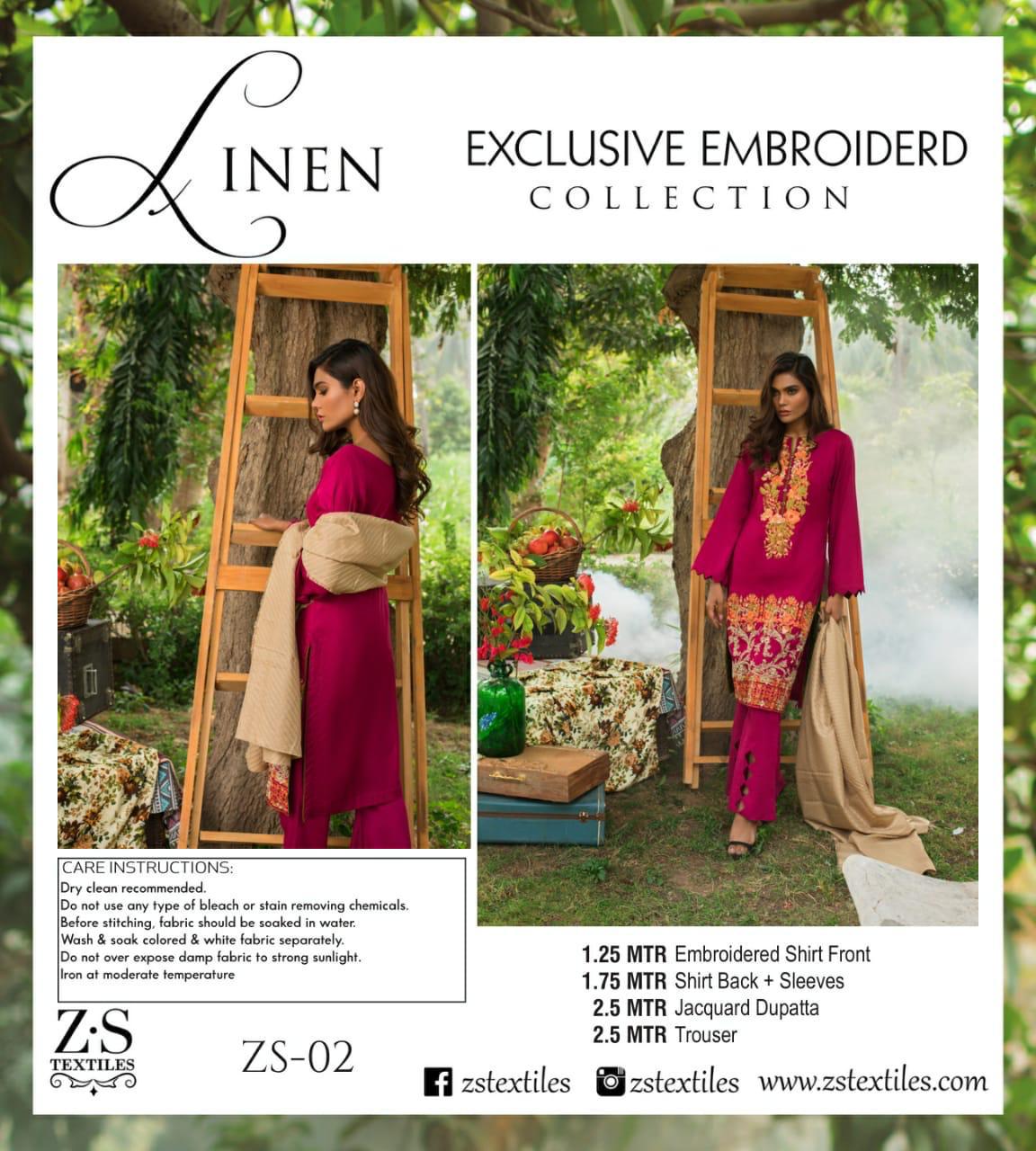 ZS Textiles Linen Embroidered Lawn collection salwar suit wholesale Price