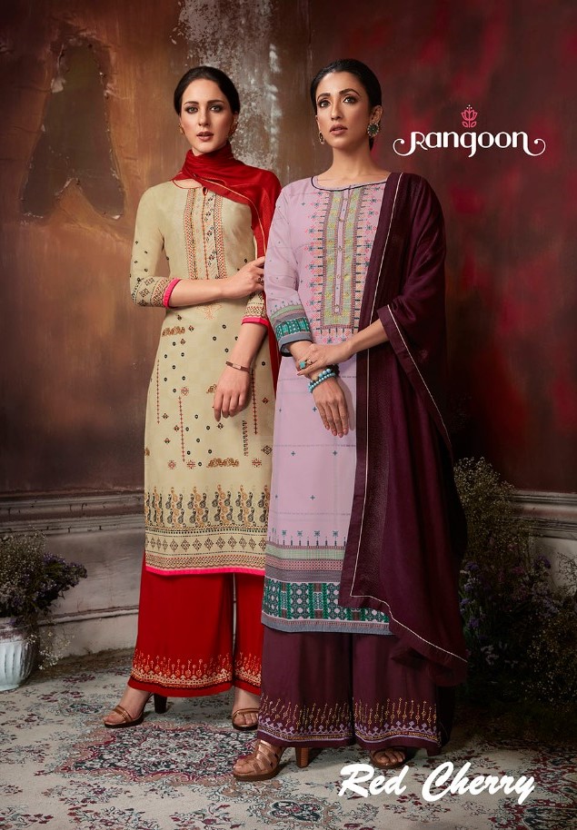 Rangoon Red Cherry Fancy Work Maslin Ready To Wear Suits Catalog
