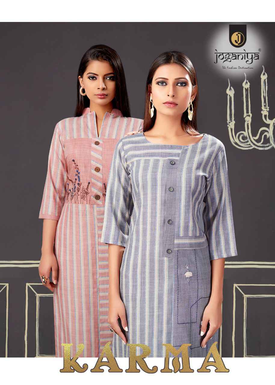 Joganiya Karma Cotton Stripe Designer Embroidery Kurti With Pant Catalog at Cheap Rate