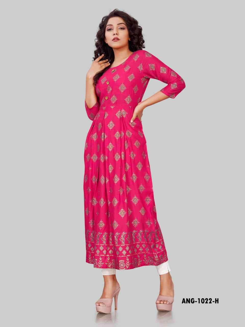 12 Angel ANG1022 Long Gold Print Rayon Kurti Gown Collection in Surat