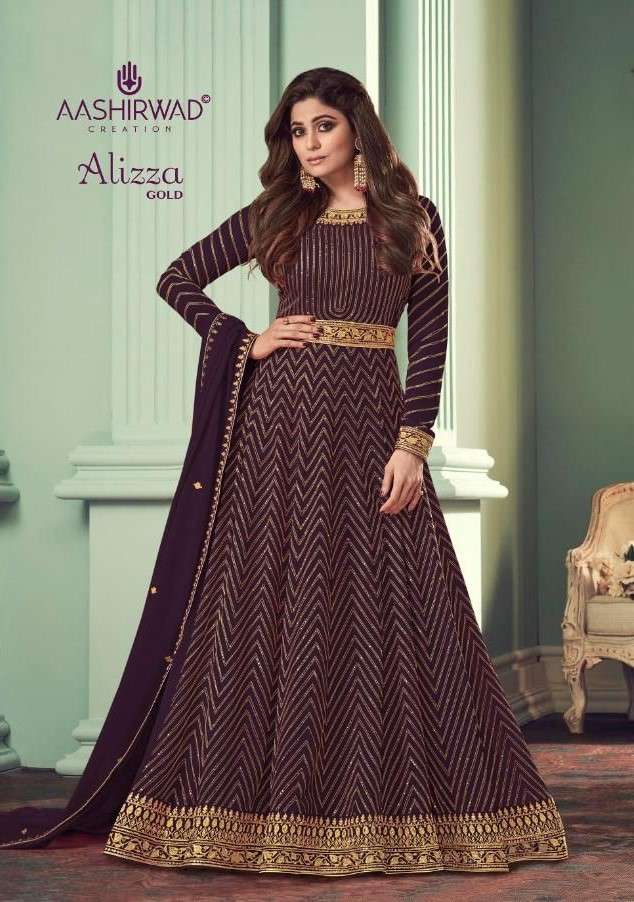 Aashirwad Alizza Gold Designer Readymade Anarkali Style Gown Catalog Wholesaler