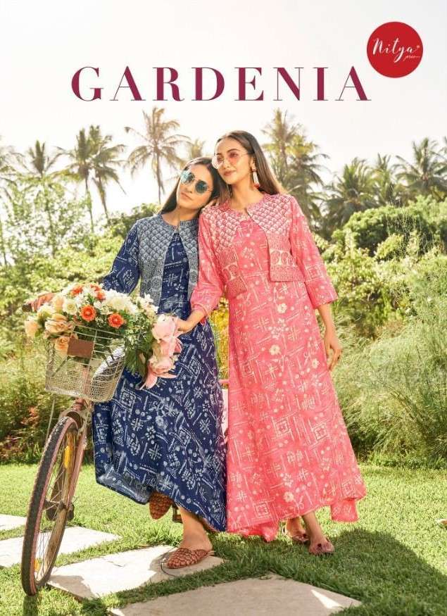 LT Fabrics Nitya Gardenia Fancy jacket Style Rayon Kurti Gown New designs