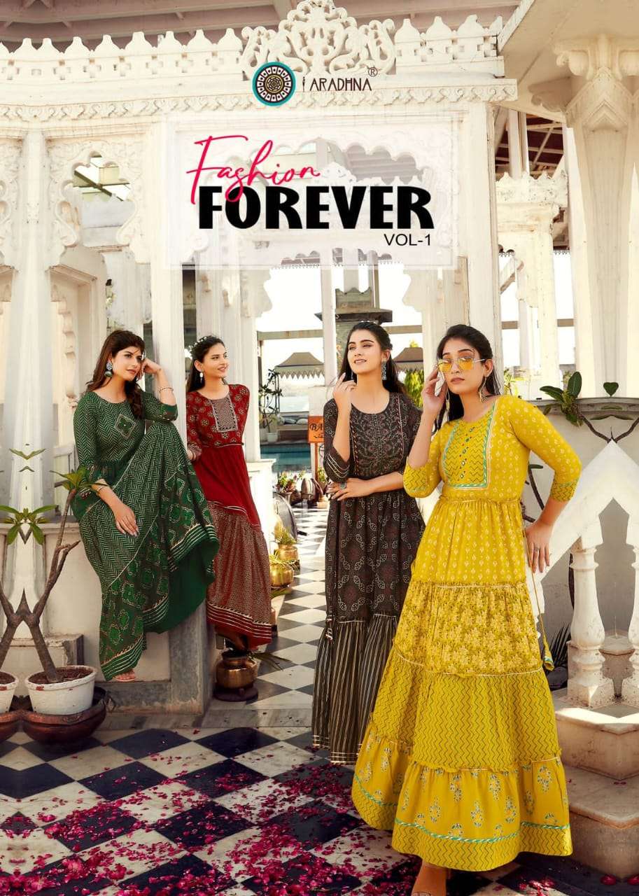 Aradhna Fashion Forever Vol 1 Fancy Rayon Kurti Gown Catalog Supplier