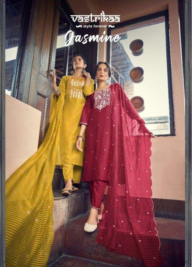 Vastrika Jasmine Vol Fancy Readymade Chinon Silk Kurti Pant Dupatta Set
