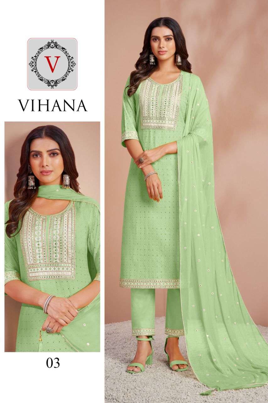 Vedha Vihana By Kapil Trends Chiken Work readymade Suit Catalog Supplier