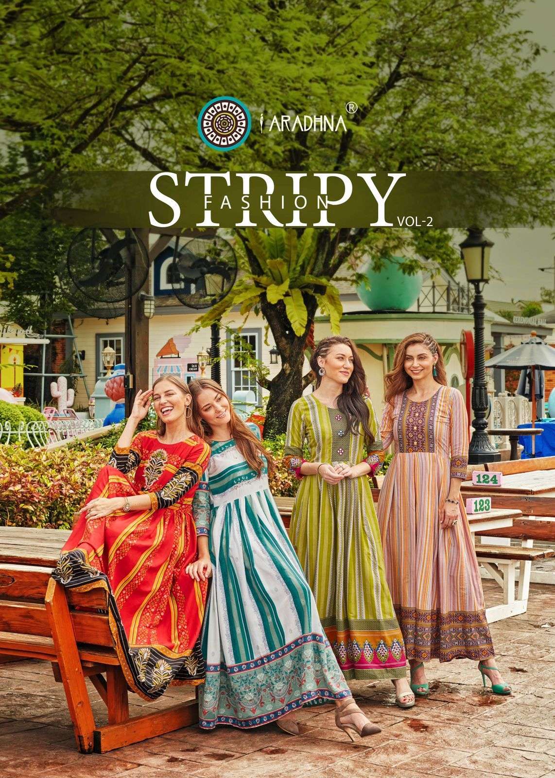 Aradhna Fashion Stripy Vol 3 Fancy Rayon Festive Wear Kurti Gown Designs