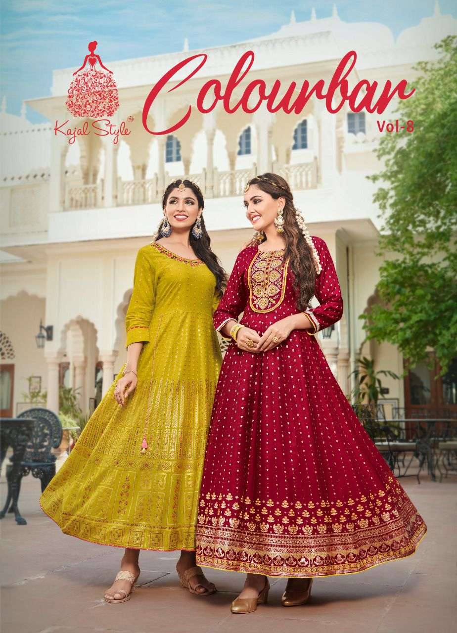 Kajal Style Fashion Colourbar Vol 8 Foil Print Rayon Kurti Gown Designs