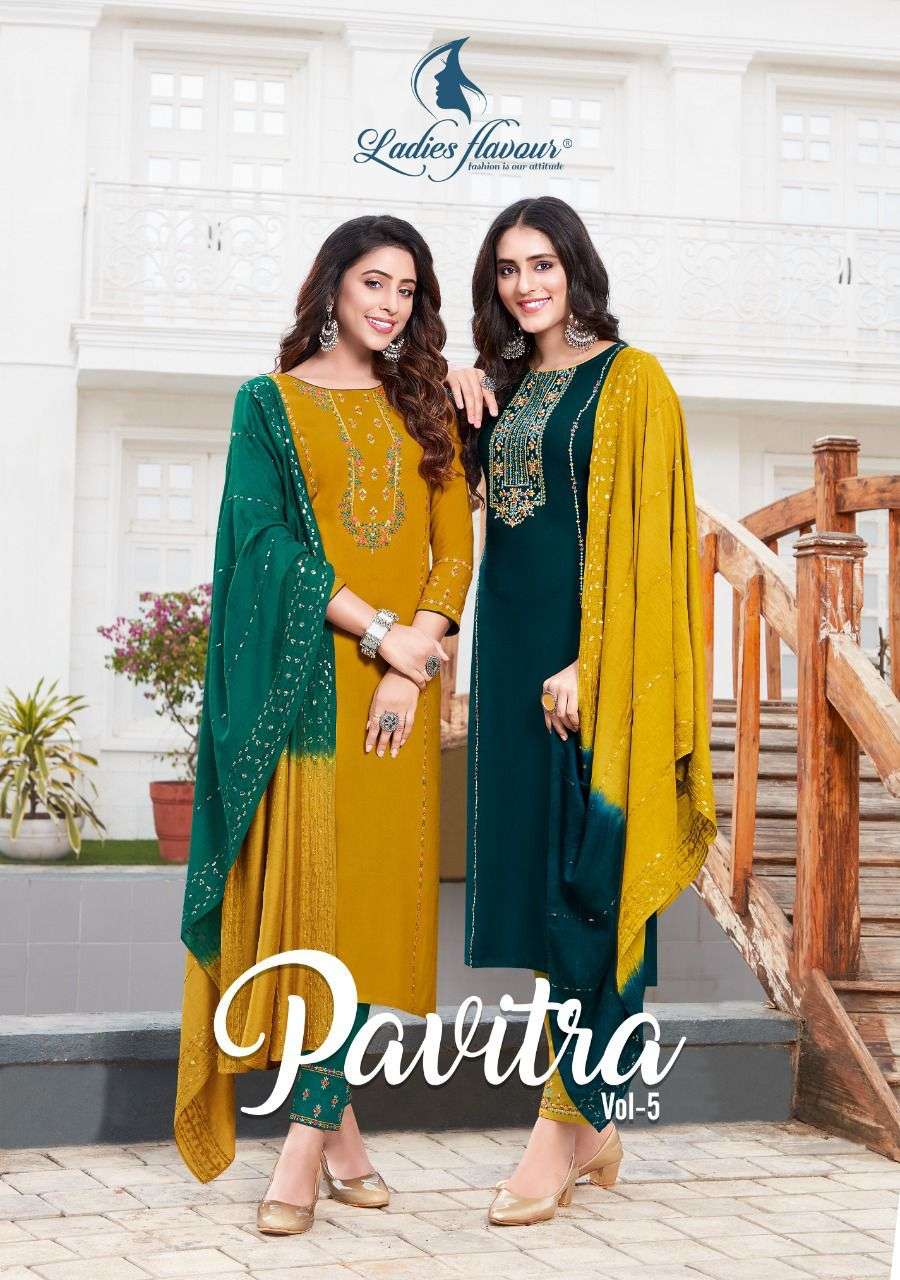 Ladies Flavour Pavitra Vol 5 Fancy Rayon Kurti pant Dupatta Set Collection