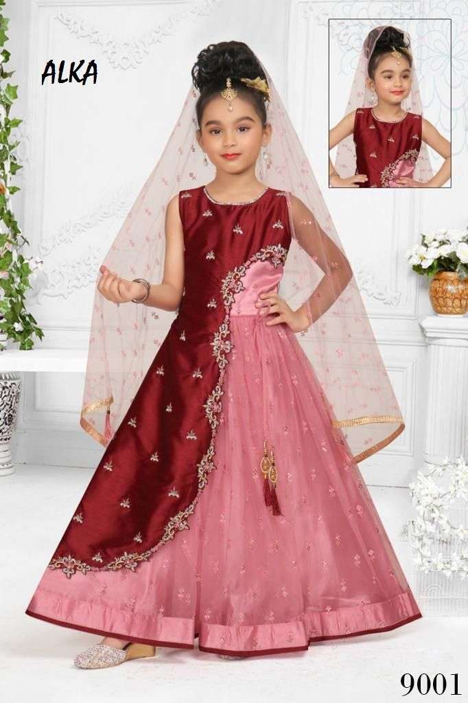 Alka Aarushi Designer Party Wear Silk Gown Kids Wear Wholesaler