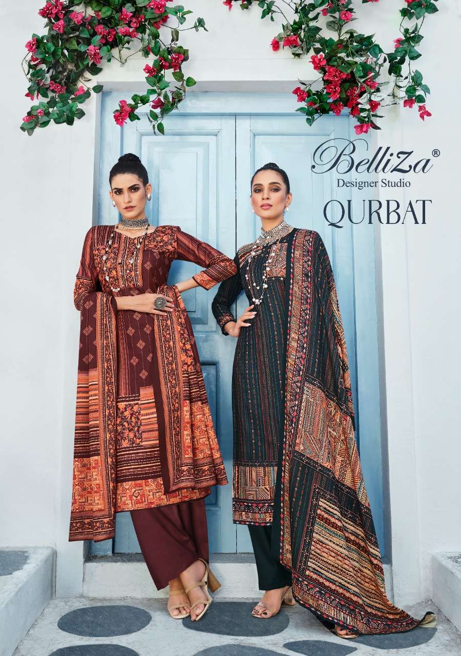 Belliza Qurbat Exclusive Prints Pashmina Ladies Suit Catalog Exporter
