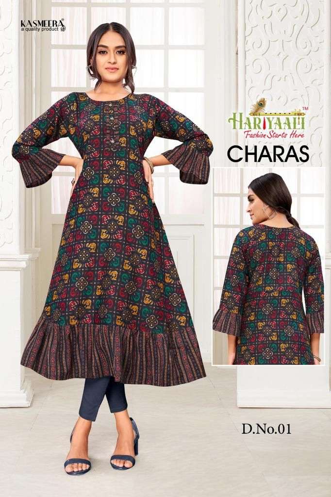 Hariyaali Charas Foil Print Fancy Frill Kurti Gown Catalog Wholesaler