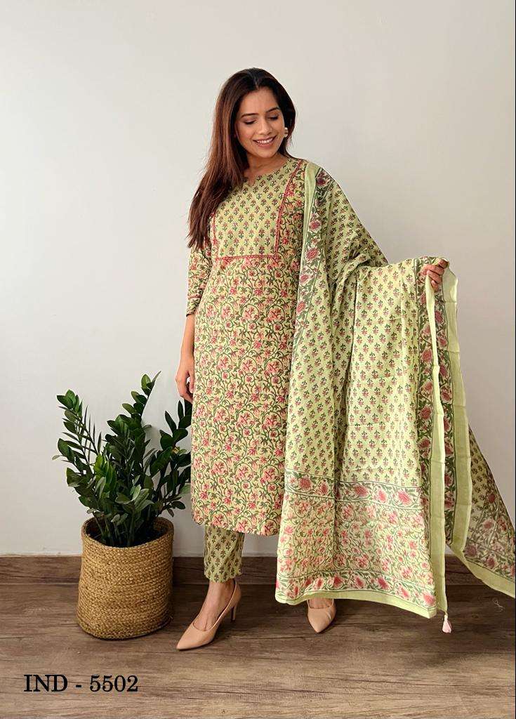 Indira 5501 To 5503  Fancy Print Styles Kurti Pent Dupatta Size Set Wholesaler