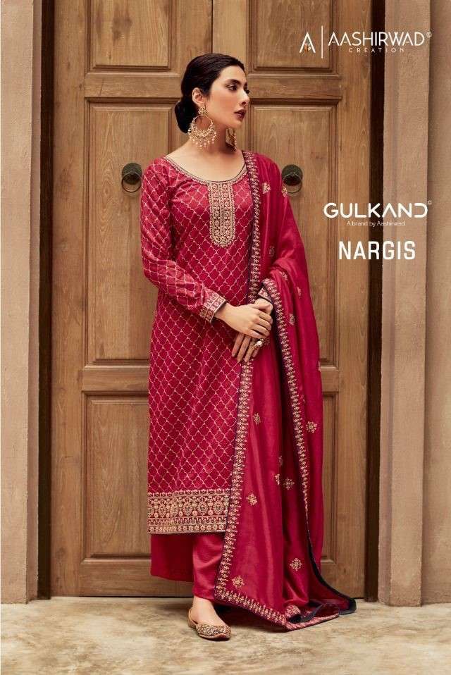 Aashirwad Gulkand Nargis Designer Work Silk Partywear Salwar Suit Catalog Dealer