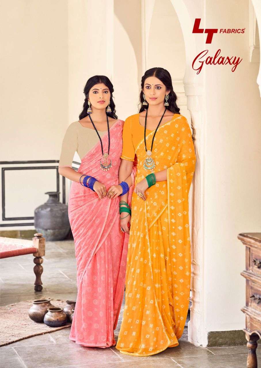 Lt Fabrics Galaxy Exclusive Zari Print Weightless Fancy Saree Supplier New Catalog