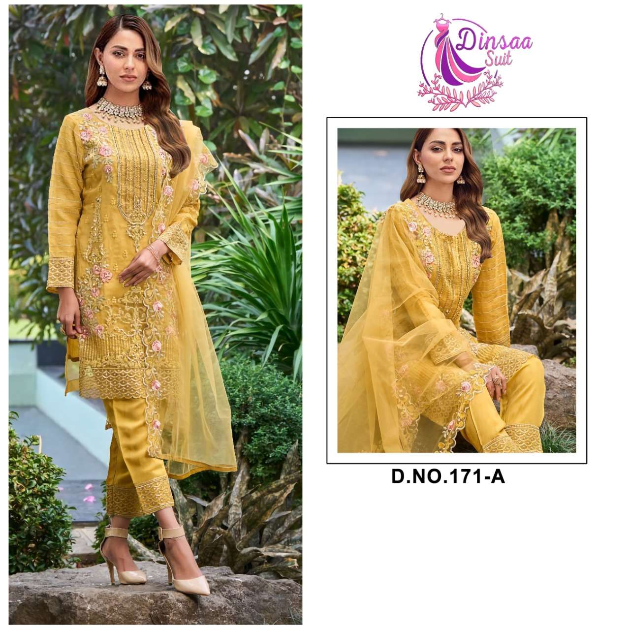 Dinsaa 171 Colors Organza Festive Wear Pakistani Suit Catalog Supplier
