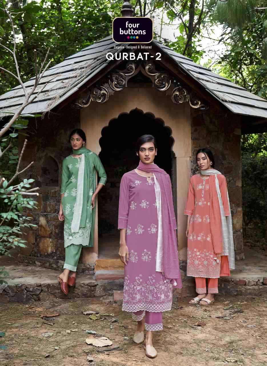 Four Buttons Qurbat Vol 2 Lakhnavi Work Kurti pant Dupatta Set Designs