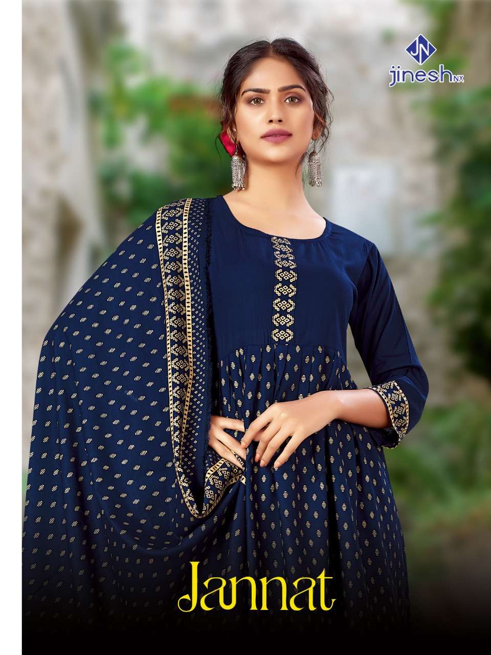 Jinesh Nx Jannat Designer Print Flair Gown Dupatta Set New Collection Supplier