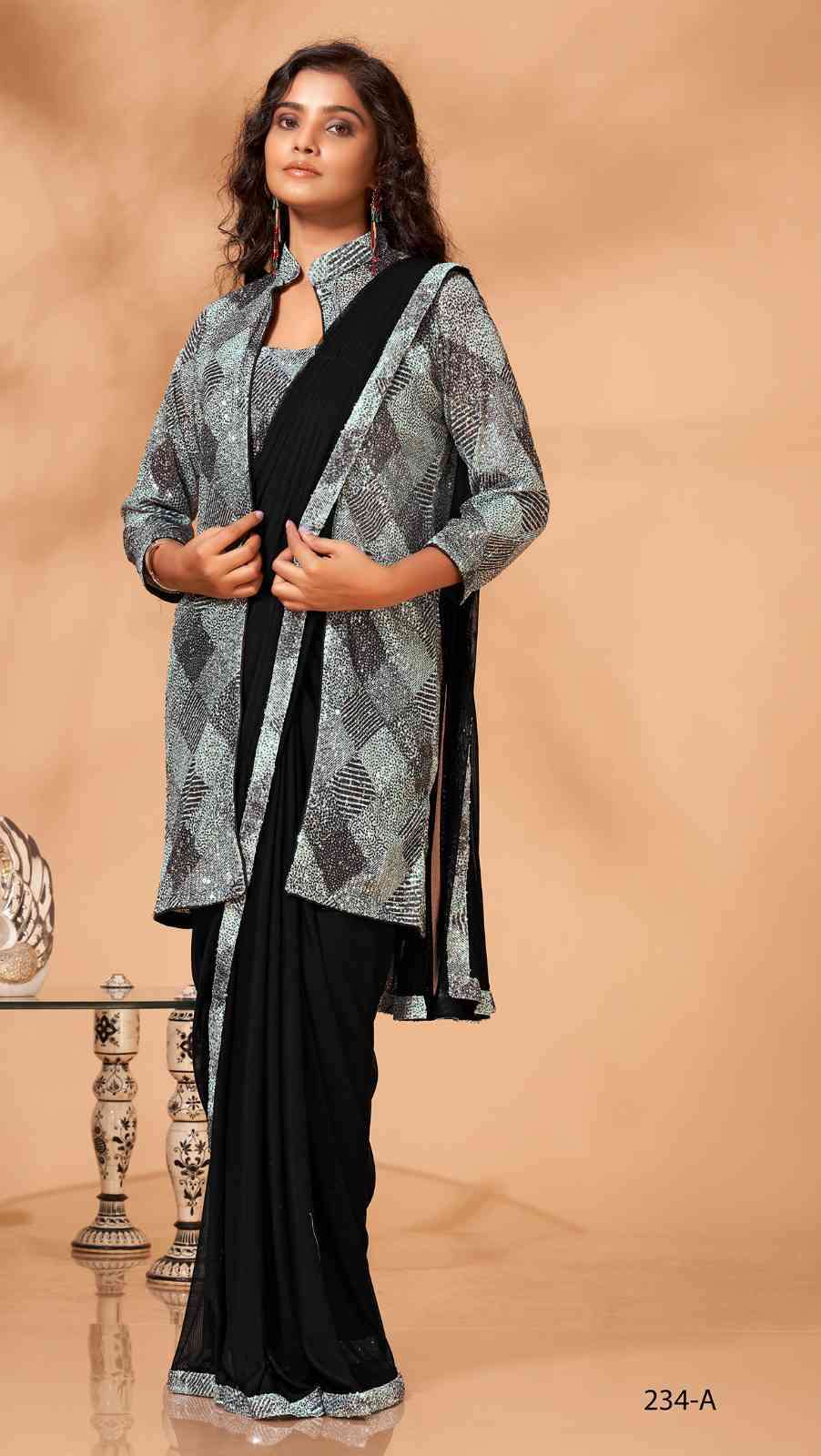 Amoha Trends 234 Party Wear Jacket Style Pre Stitched Saree Collection Supplier