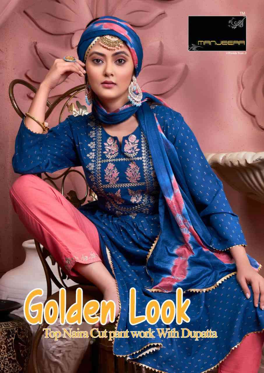 Manjeera Golden Look Exclusive Nayra Cut Kurti Pent Dupatta Set Wholesaler