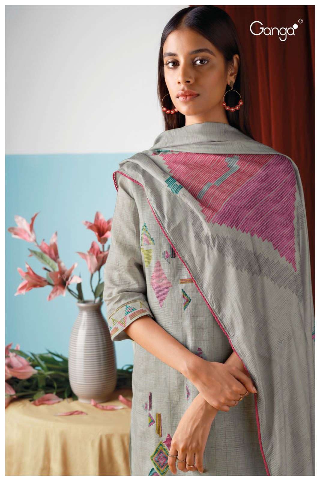 Ganga Mira 1540 Fancy Linen Jacquard Printed Ganga Suit Supplier 
