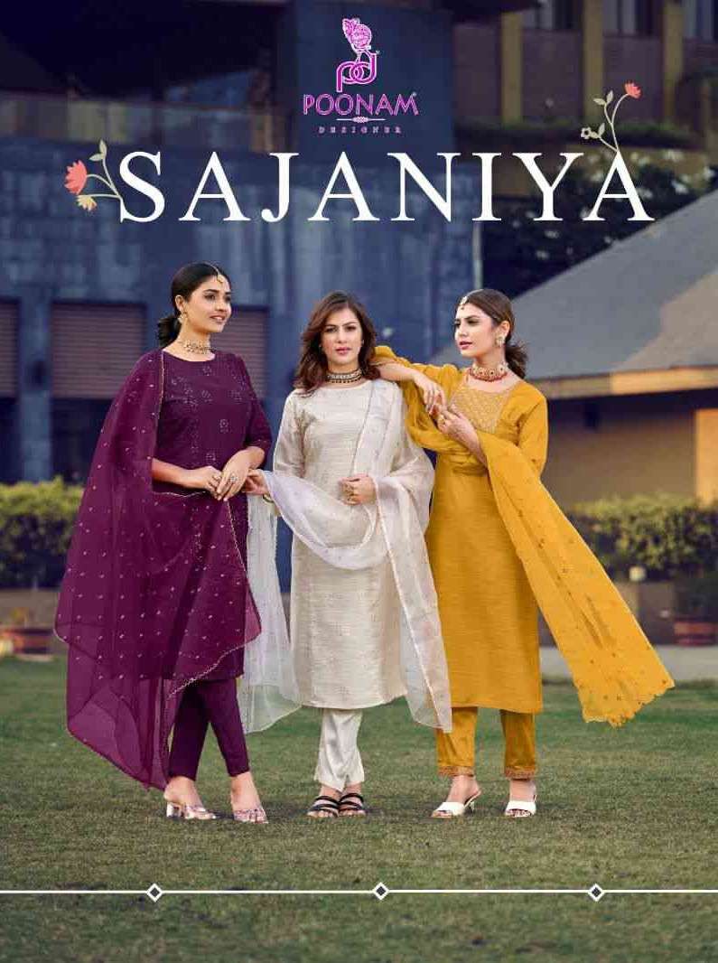Poonam Designer Sajaniya Pure Silk Ethnic Wear Top Bottom Dupatta Wholesaler