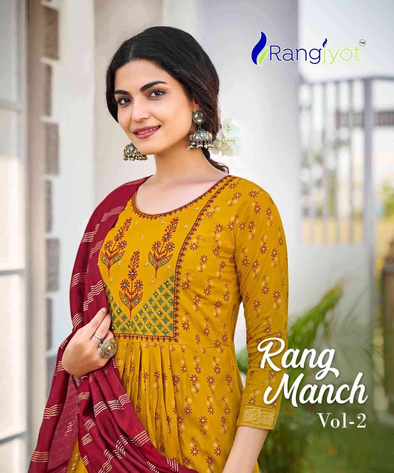 Rangjyot Rang Manch Vol 2 Fancy Rayon Ethnic Wear Top Bottom Dupatta Supplier