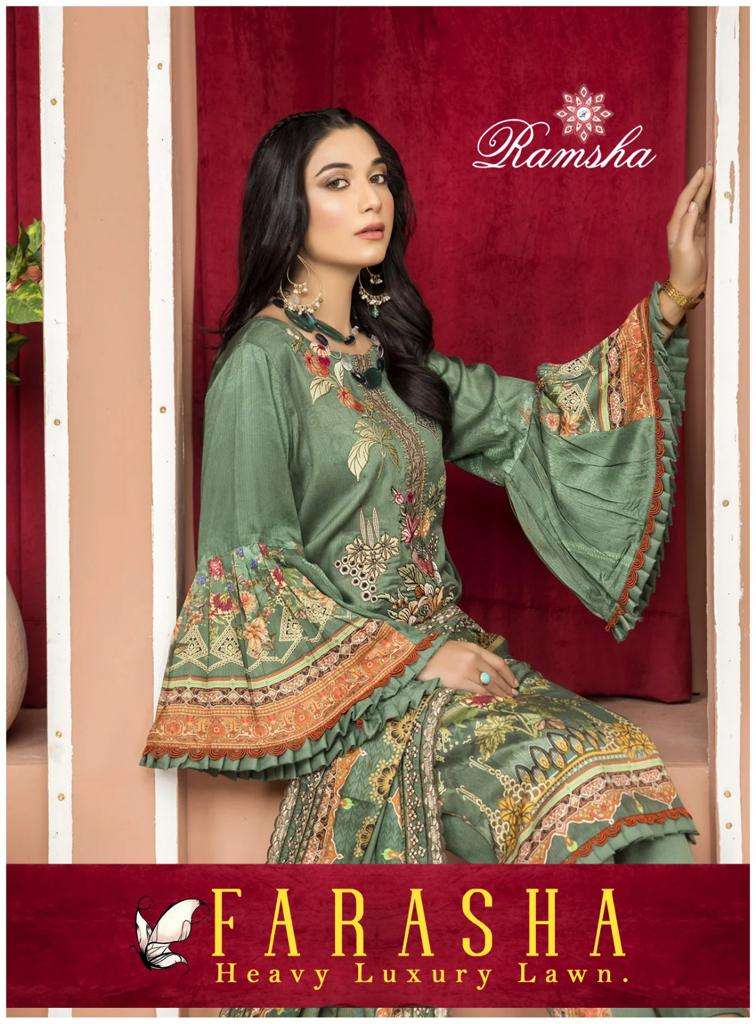 Ramsha Farasha Heavy Luxury Lawn Karachi Print Cotton Dress Material Supplier