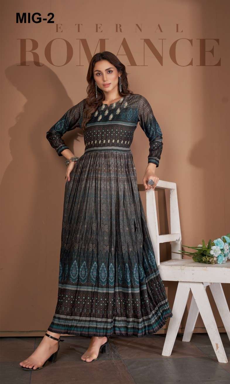 Amoha Trends Mig Pure Muslin Fancy Printed Long Flair Kurti Gown Catalog Dealers