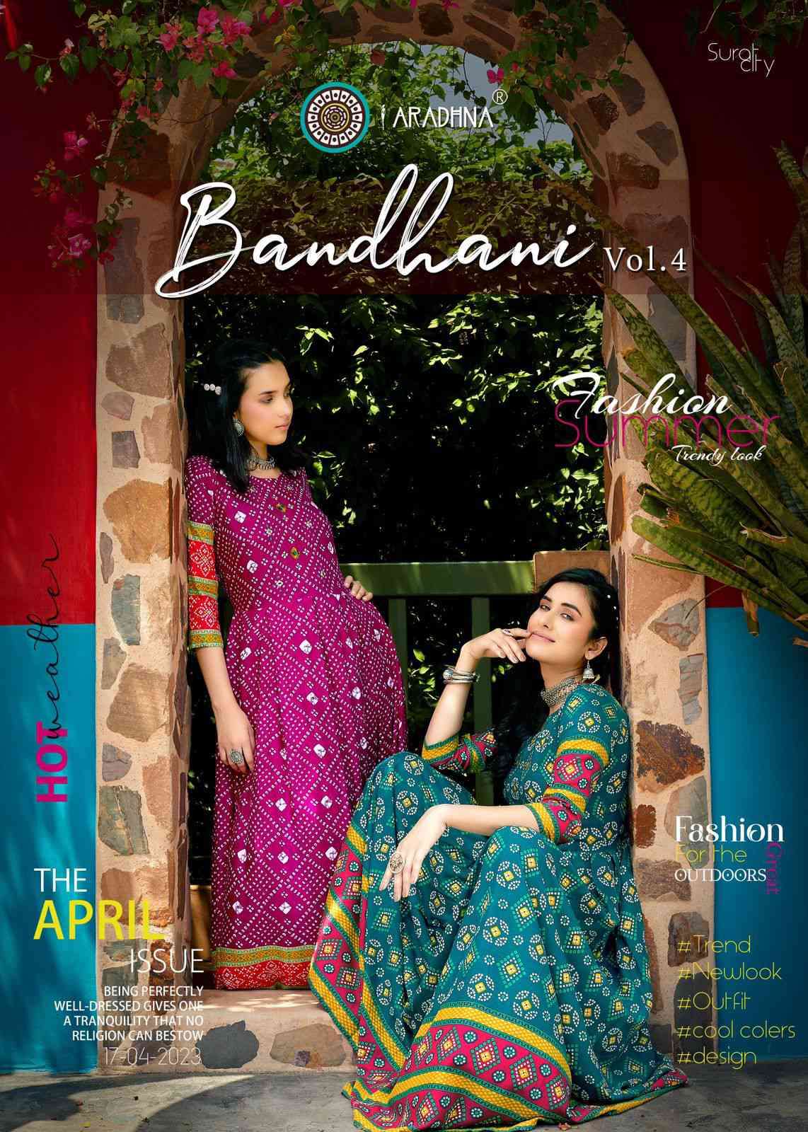 Aradhna Bandhani Vol 4 Fancy Rayon Printed Gown Catalog Wholesaler