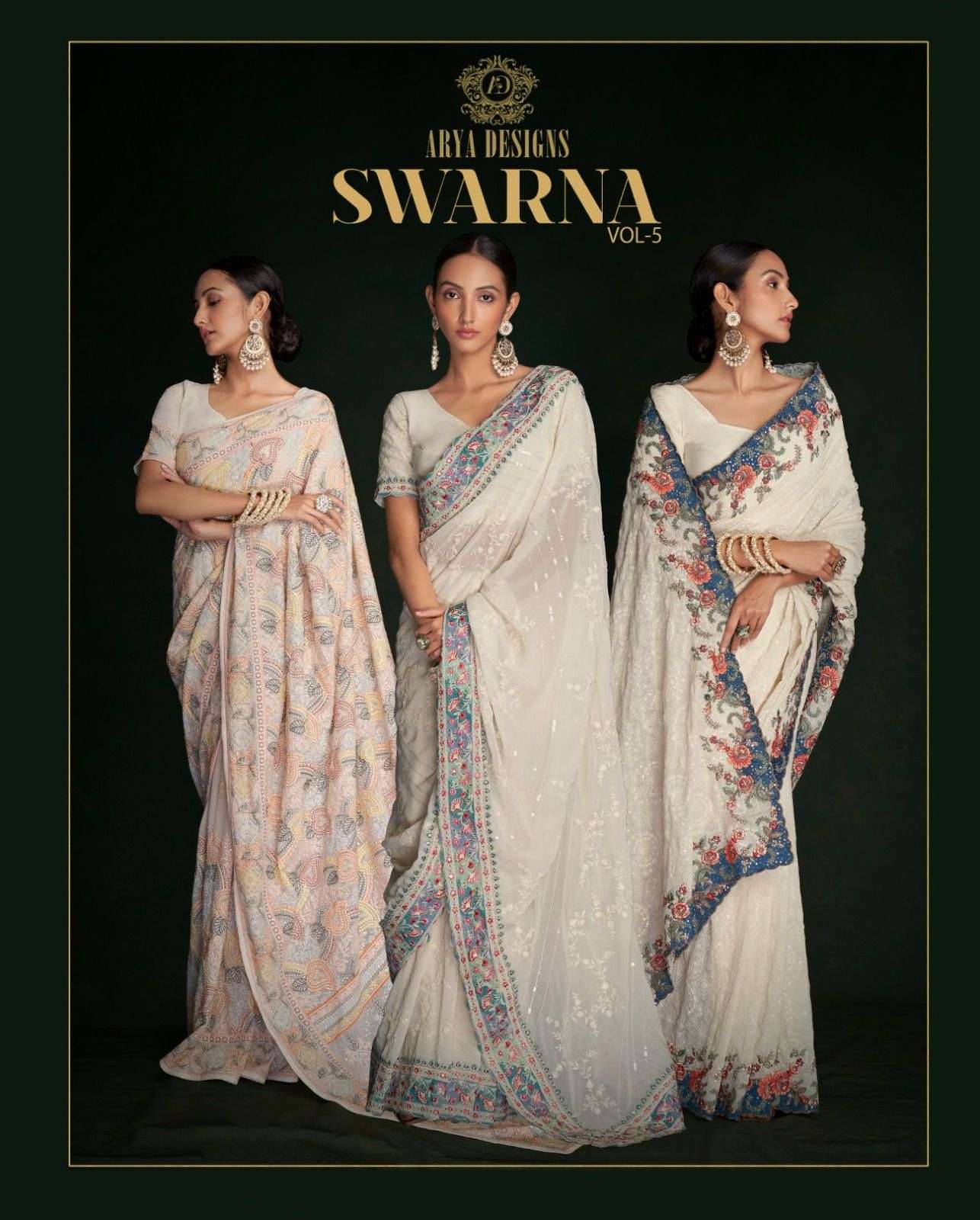 Arya Designs Swarna Vol 5 46001 To 46013 Lucknowi Deigns White Saree Collection