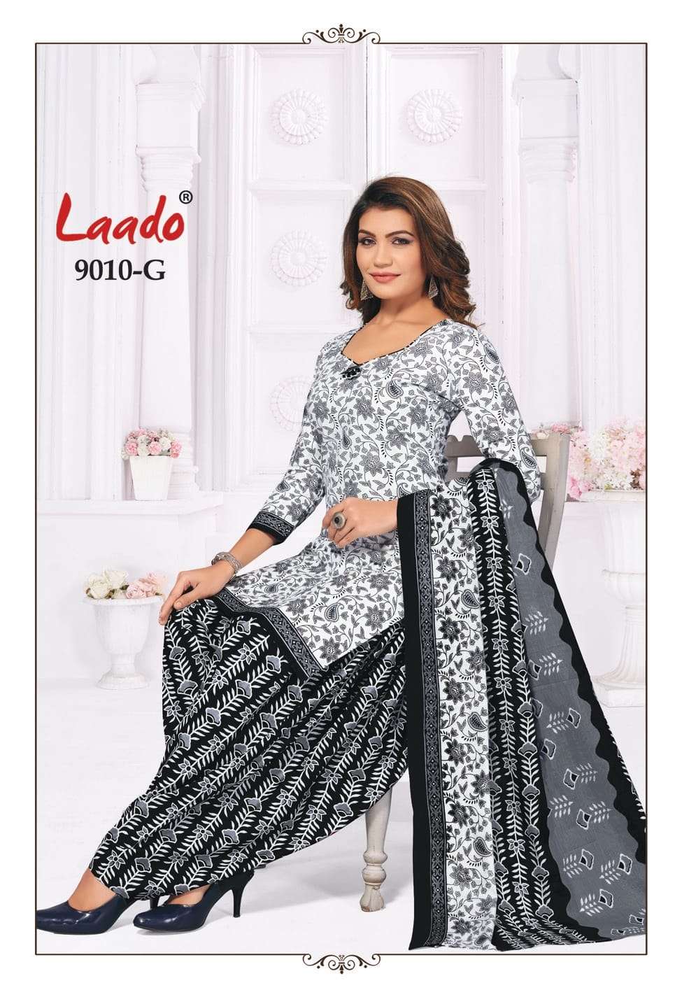 Laado Black And White Printed Cotton Unstitch Suit Black And White Outfit