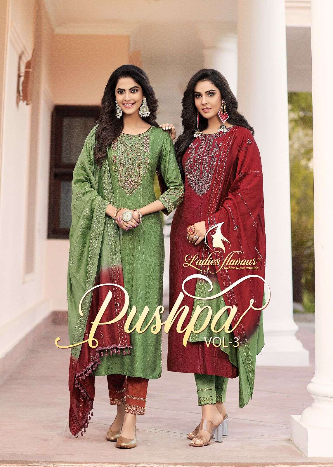 Ladies Flavour Pushpa Vol 3 Exclusive Kurti Pant Dupatta Set New Collection